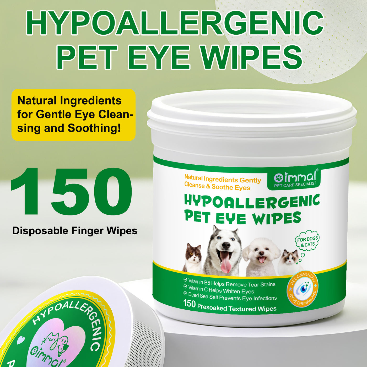 Oimmal 150P Hypoallergenic Pet Eye Wipes - 2Pack