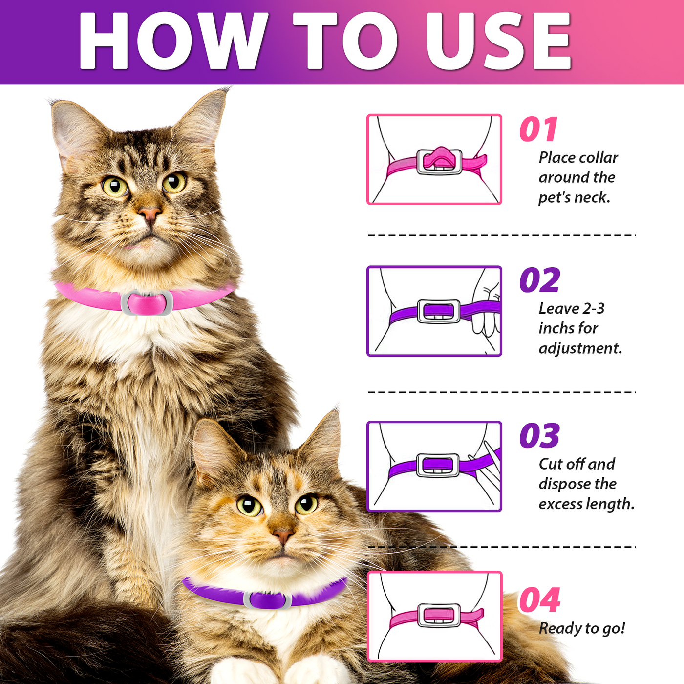 Oimmal Flea & Tick Collar for Cats (4 Collars) - Pink&Purple