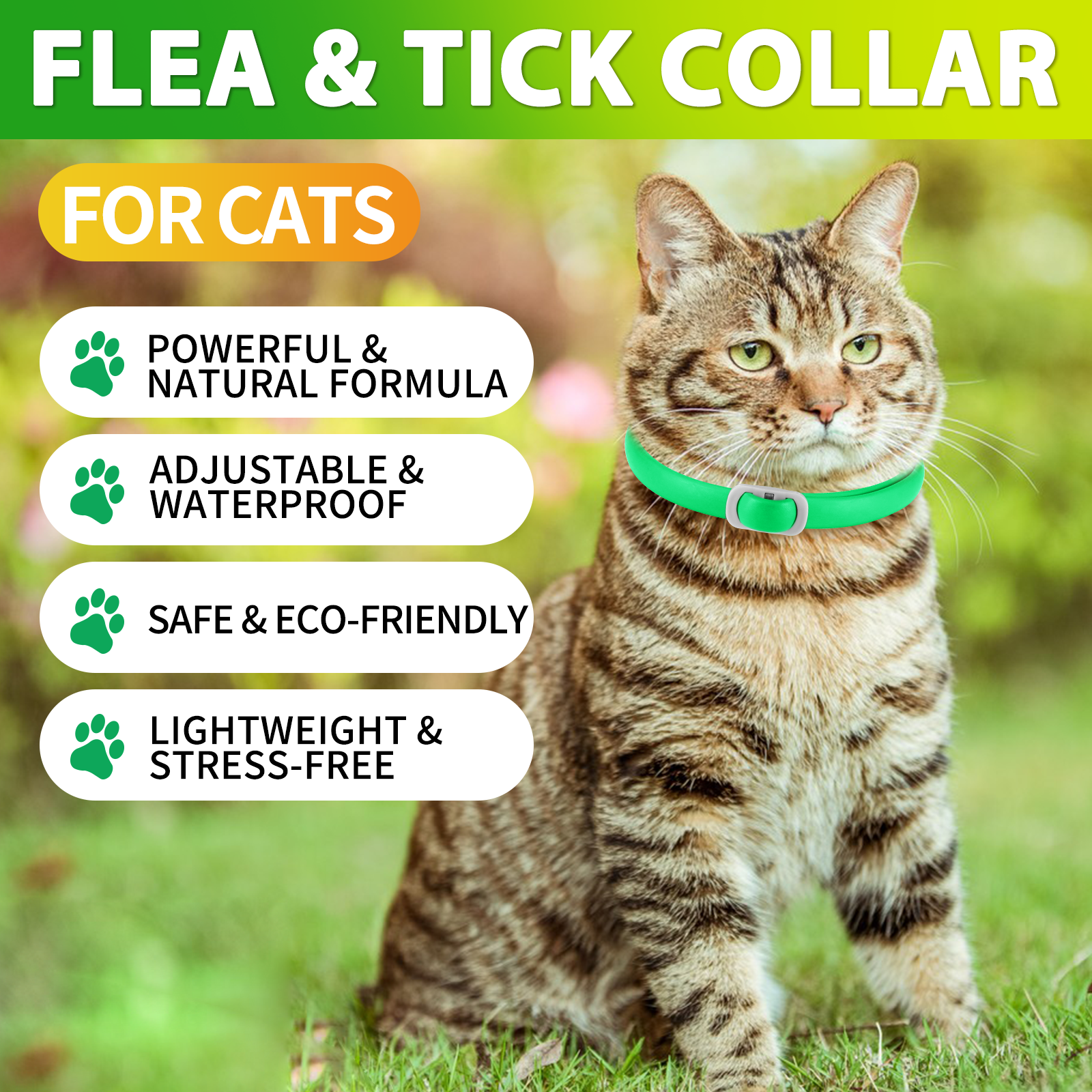 Oimmal Flea & Tick Collar for Cats (4 Collars) - Green&Yellow