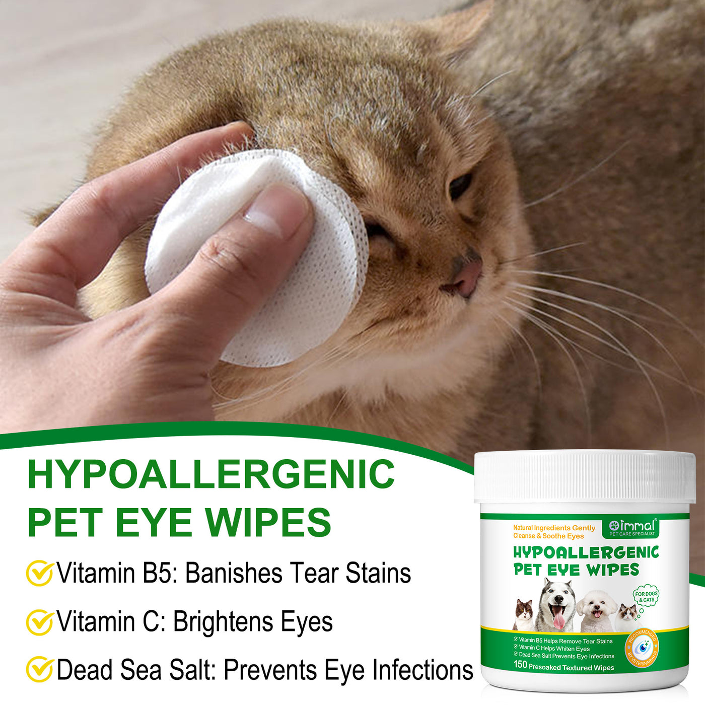 Oimmal 150P Hypoallergenic Pet Eye Wipes - 2Pack