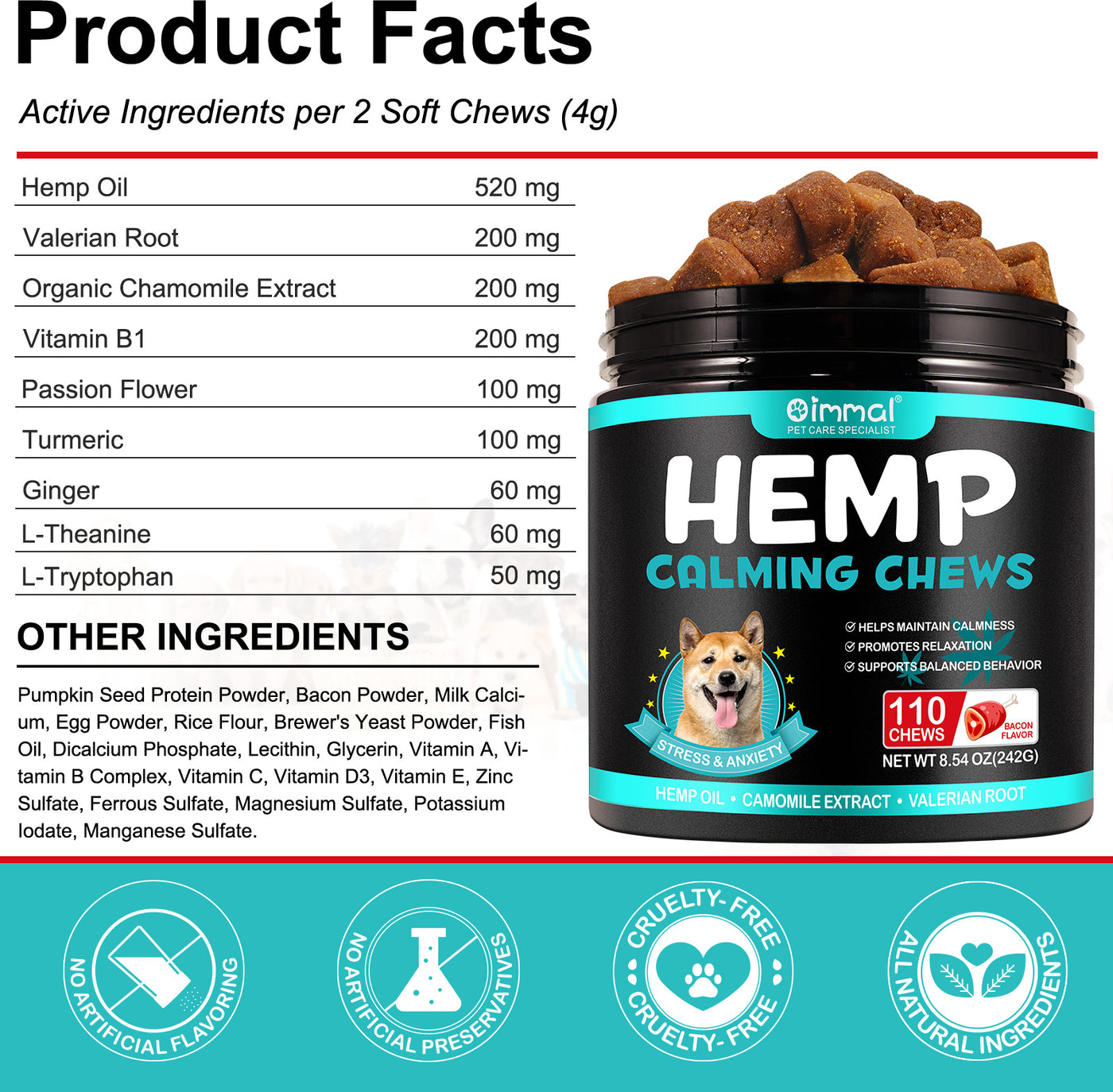 Oimmal Hemp Calming Chews / Bacon Flavor - 2 Packs