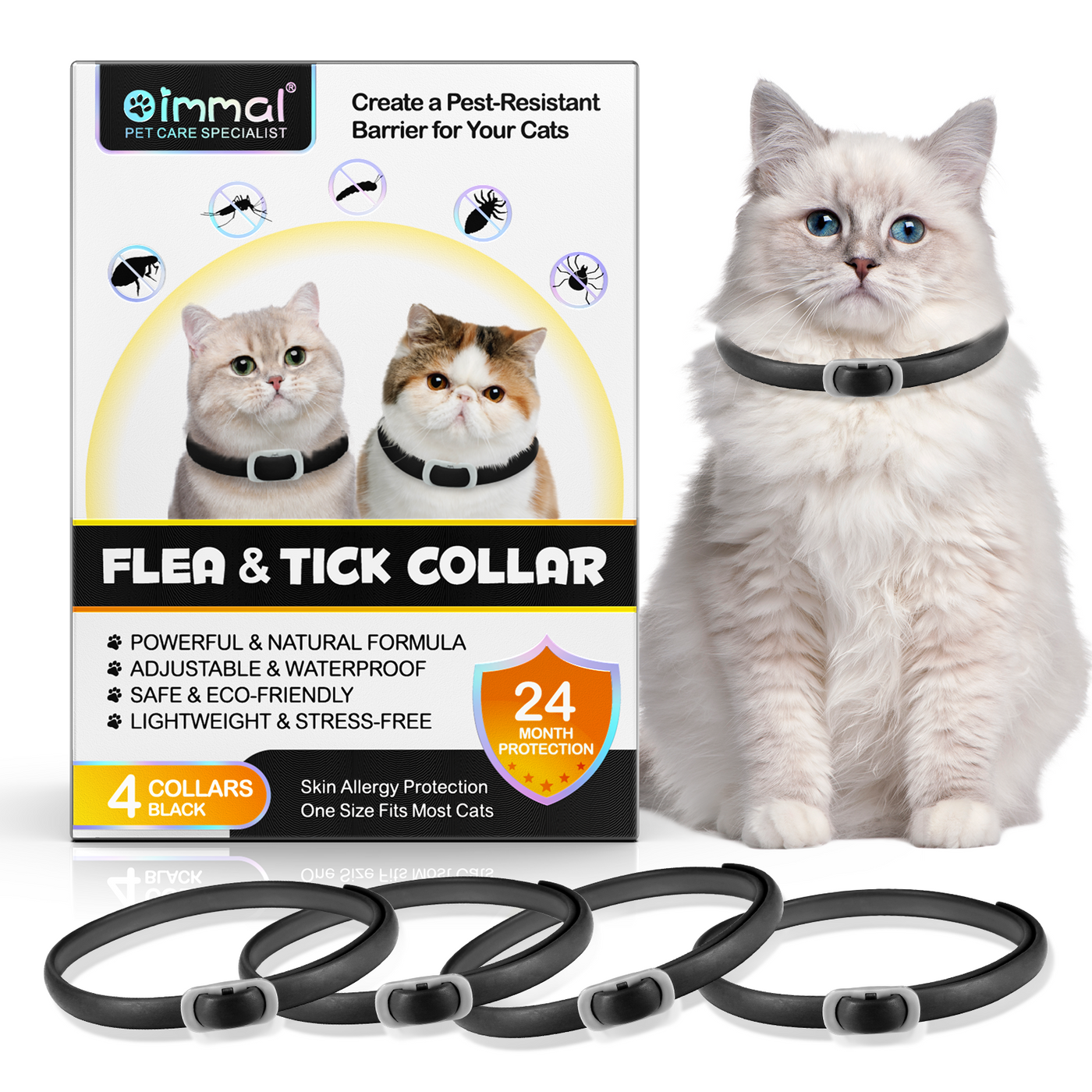 Oimmal Flea & Tick Collar for Cats (4 Collars) - Black