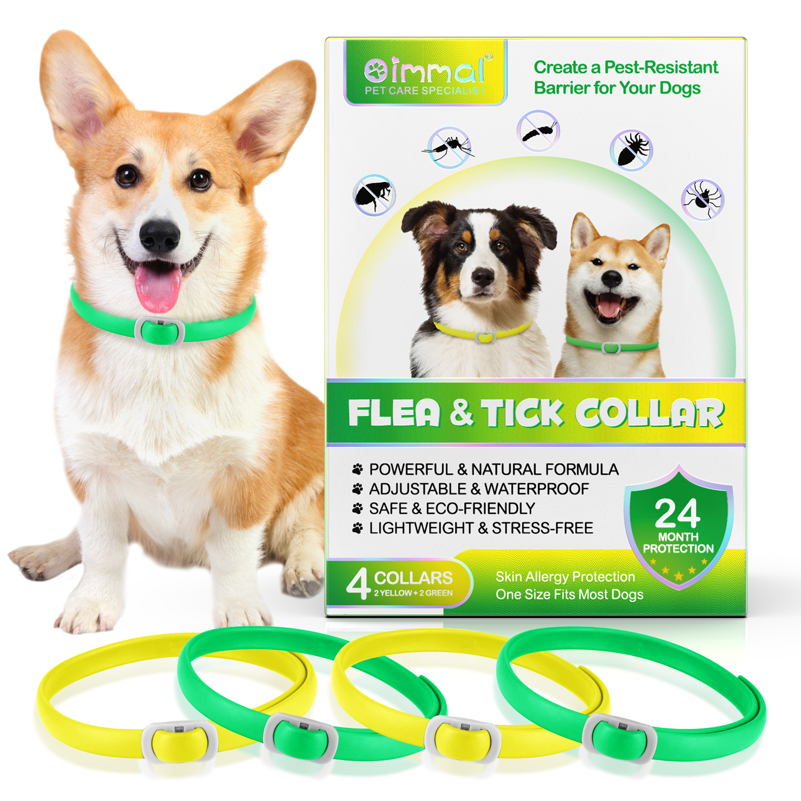 Oimmal Flea & Tick Collar for Dogs (4 Collars) - Green&Yellow