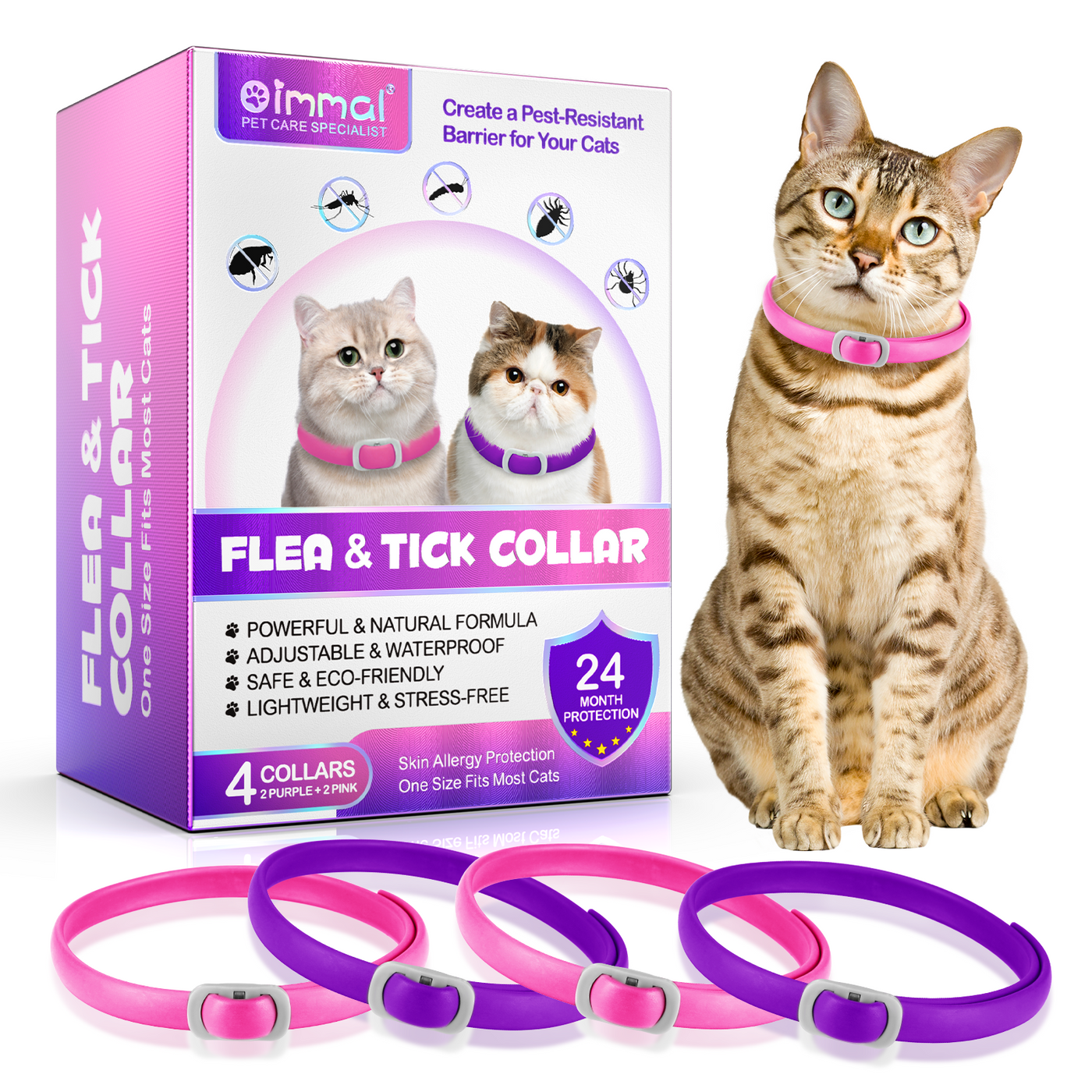 Oimmal Flea & Tick Collar for Cats (4 Collars) - Pink&Purple
