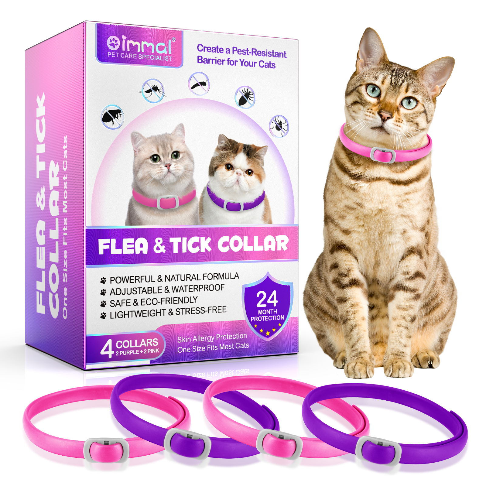 Oimmal Flea & Tick Collar for Cats (4 Collars) - Pink&Purple
