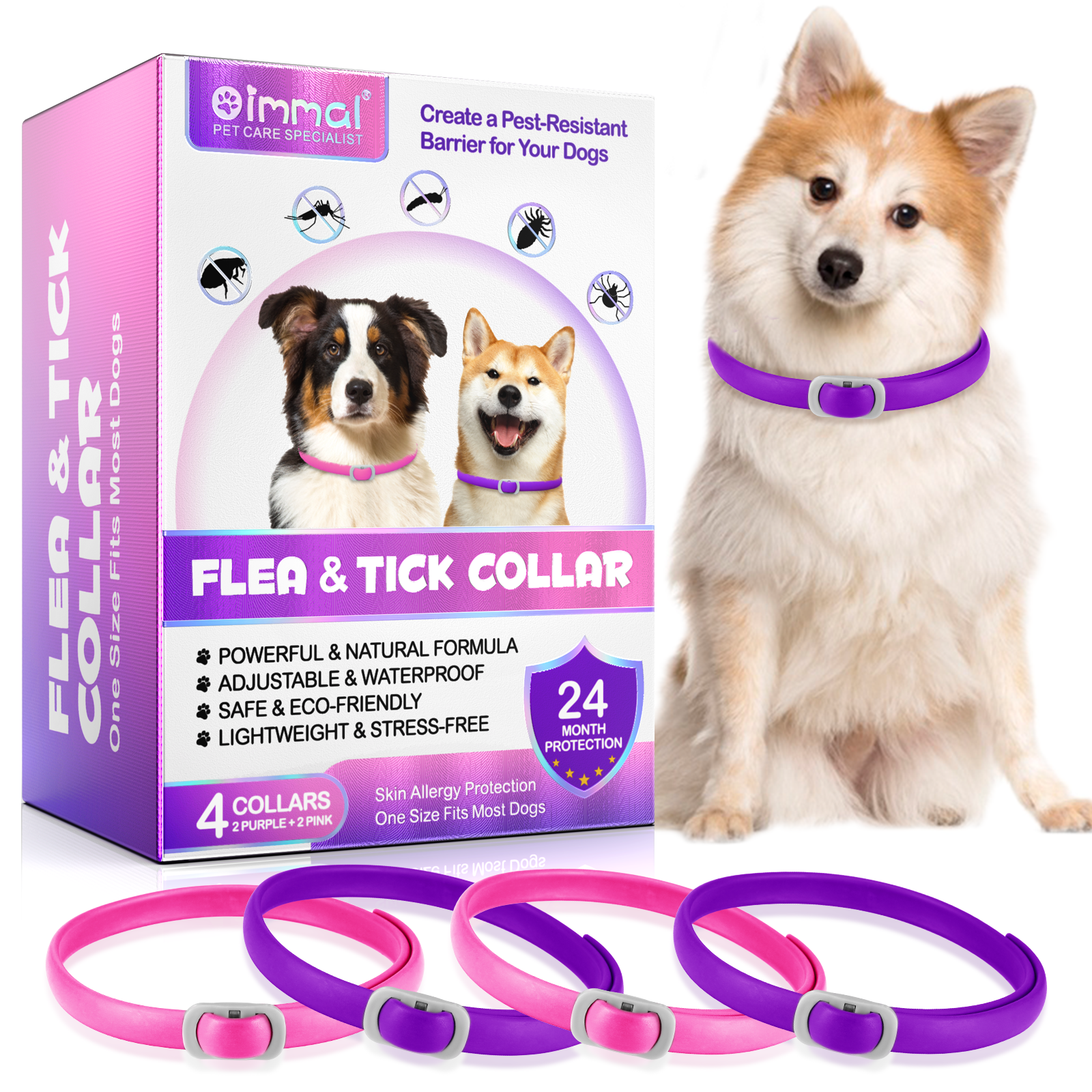 Oimmal Flea & Tick Collar for Dogs (4 Collars) - Pink&Purple