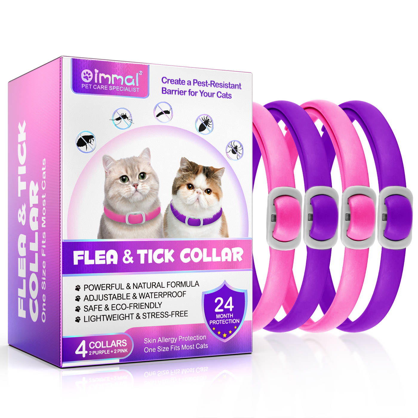 Oimmal Flea & Tick Collar for Cats (4 Collars) - Pink&Purple