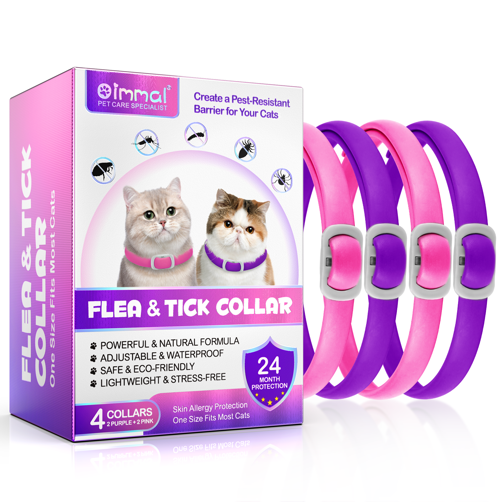 Oimmal Flea & Tick Collar for Cats (4 Collars) - Pink&Purple