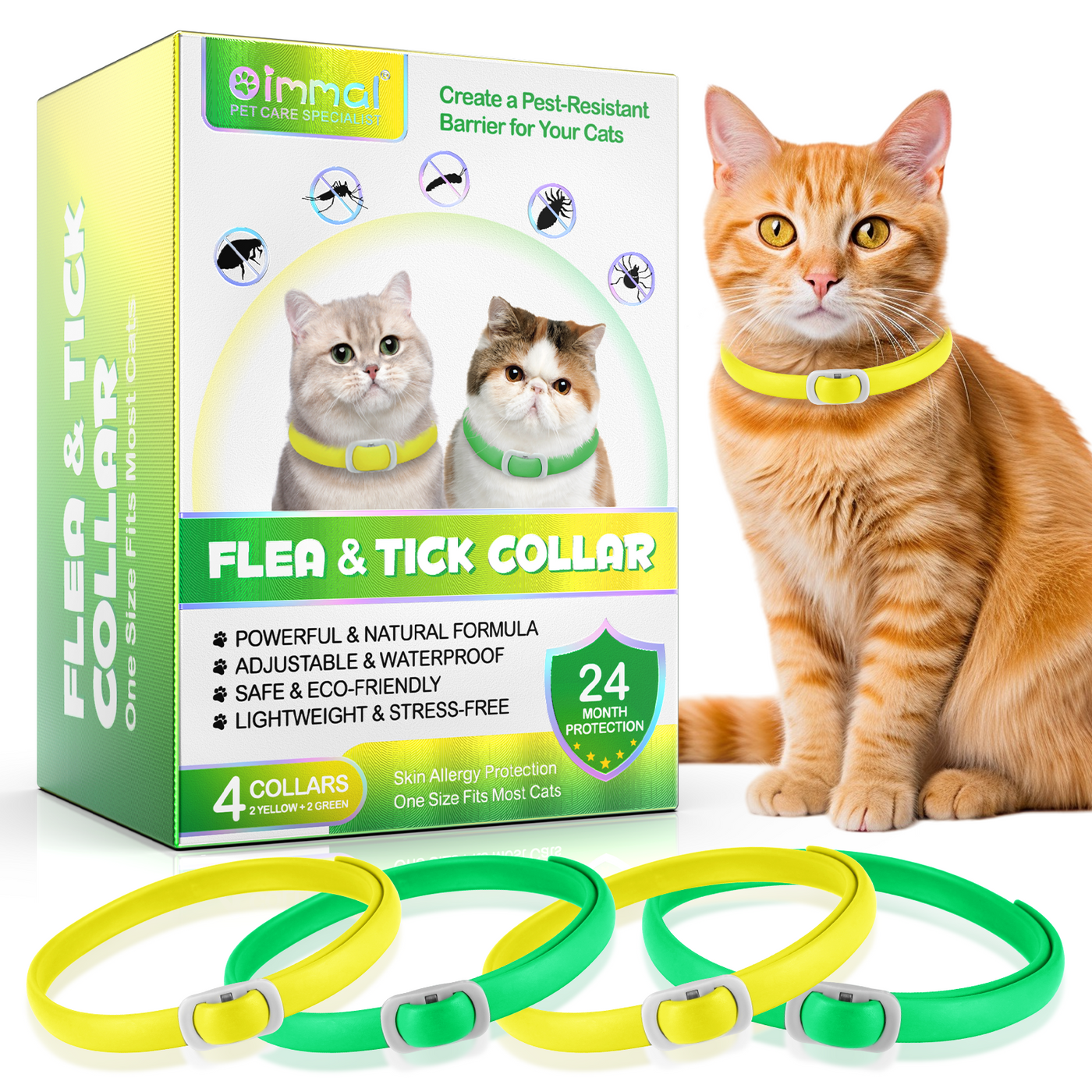 Oimmal Flea & Tick Collar for Cats (4 Collars) - Green&Yellow