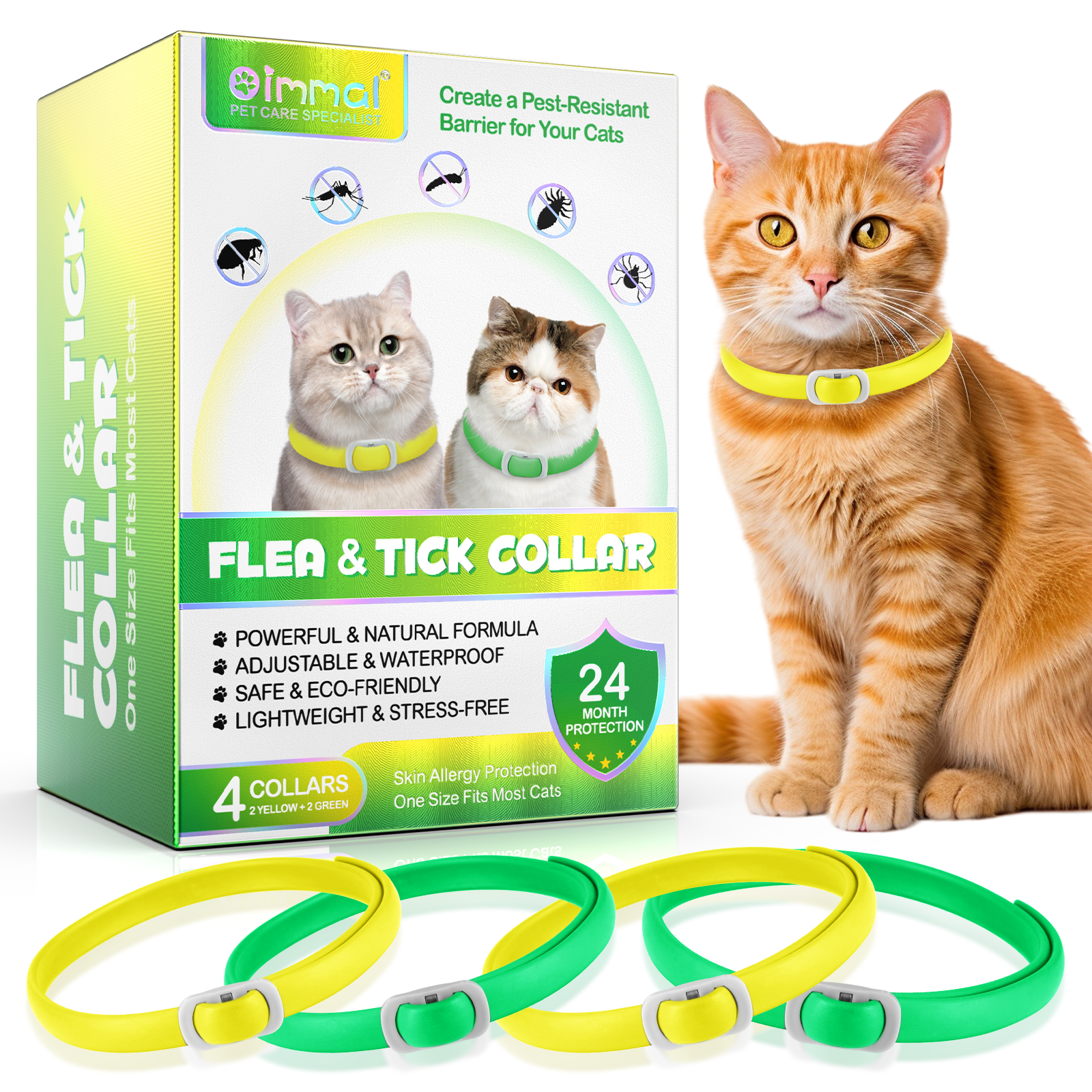 Oimmal Flea & Tick Collar for Cats (4 Collars) - Green&Yellow