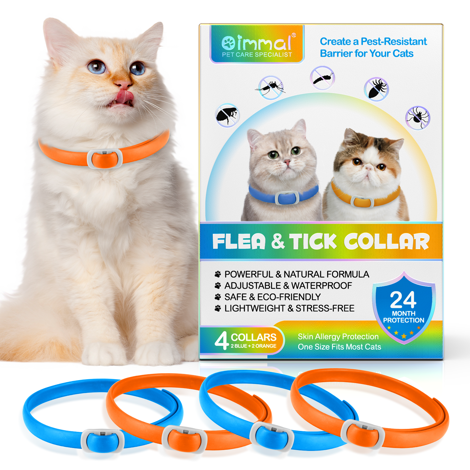Oimmal Flea & Tick Collar for Cats (4 Collars) - Blue&Orange