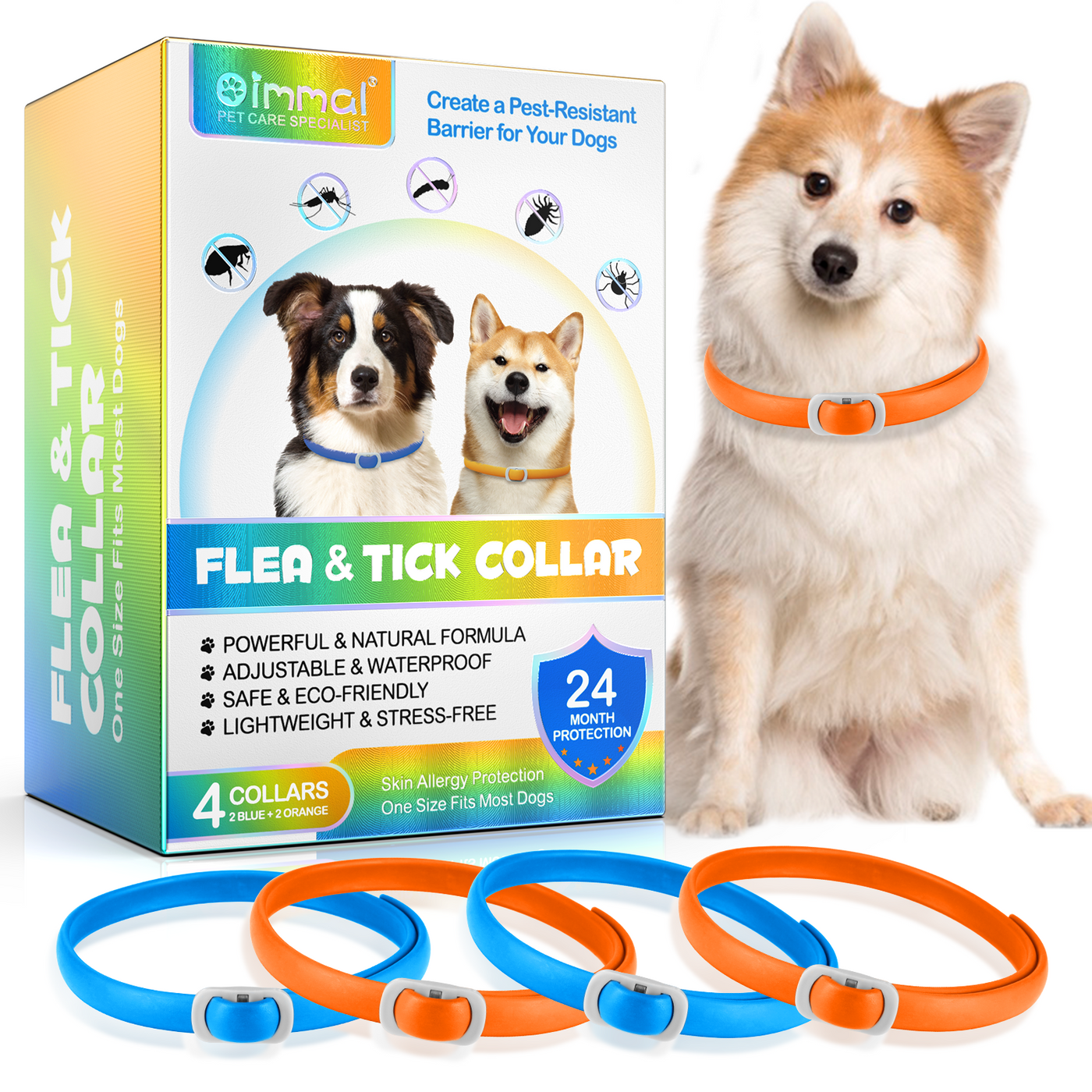 Oimmal Flea & Tick Collar for Dogs (4 Collars) - Blue&Orange
