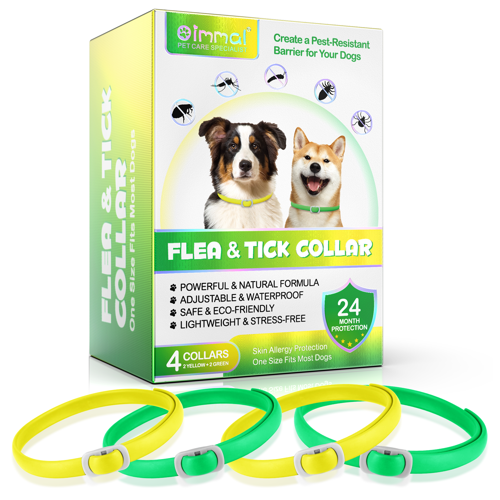 Oimmal Flea & Tick Collar for Dogs (4 Collars) - Green&Yellow