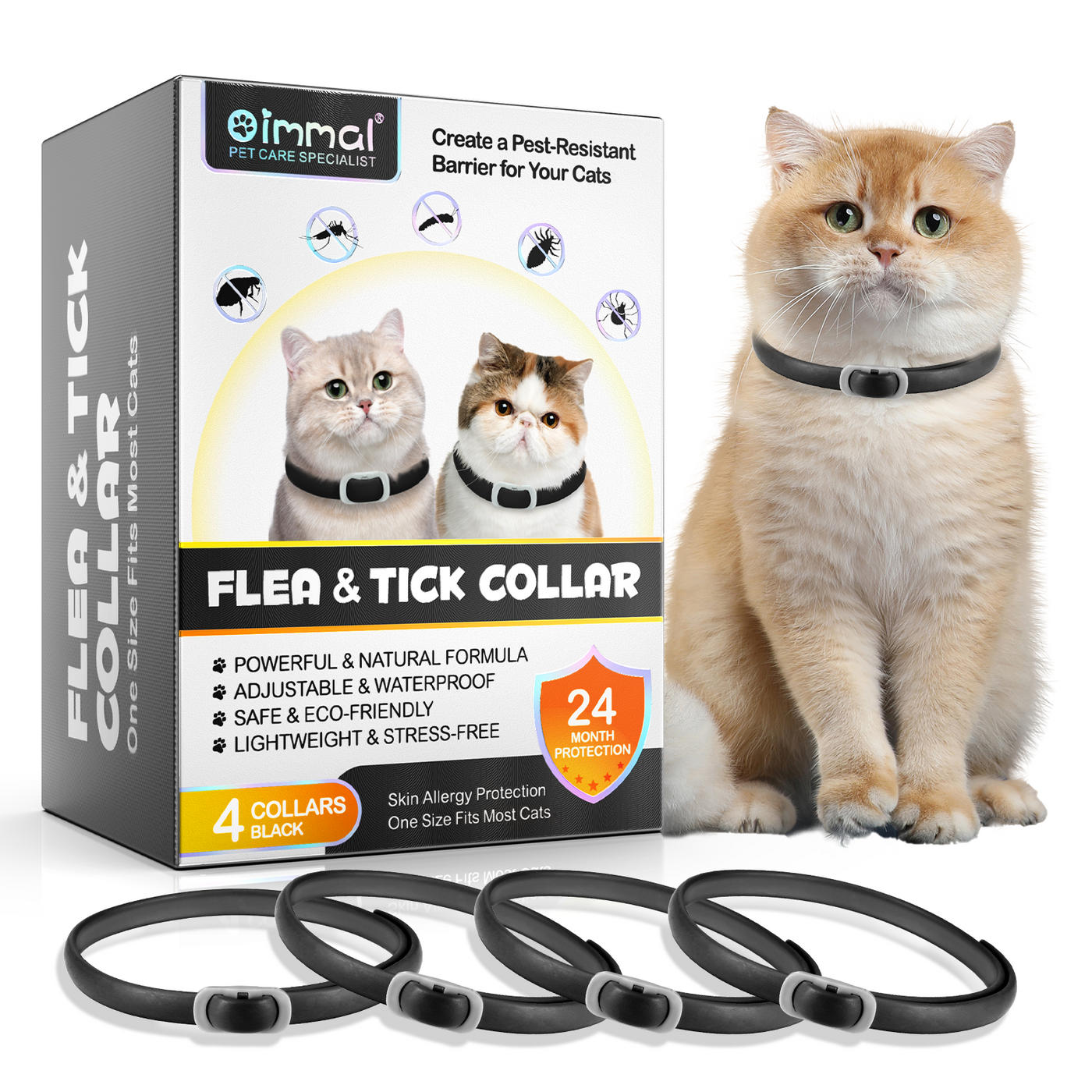 Oimmal Flea & Tick Collar for Cats (4 Collars) - Black