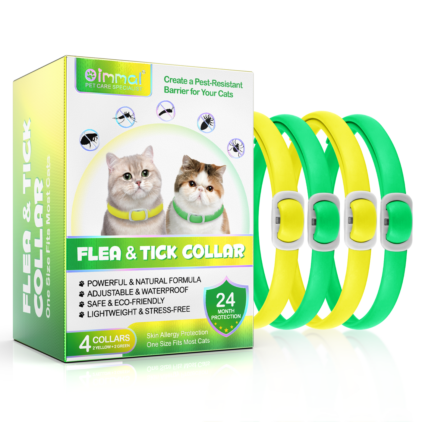 Oimmal Flea & Tick Collar for Cats (4 Collars) - Green&Yellow