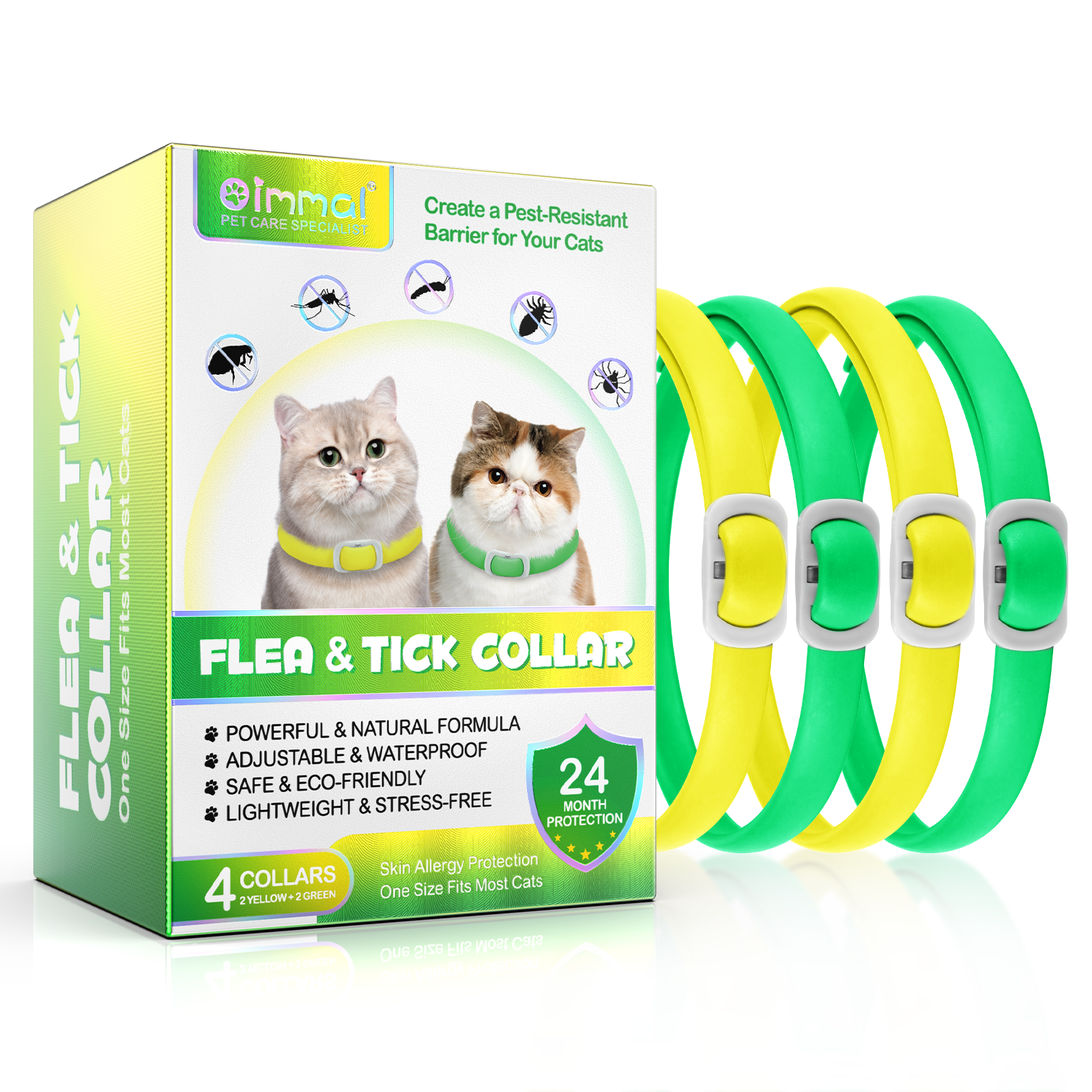 Oimmal Flea & Tick Collar for Cats (4 Collars) - Green&Yellow