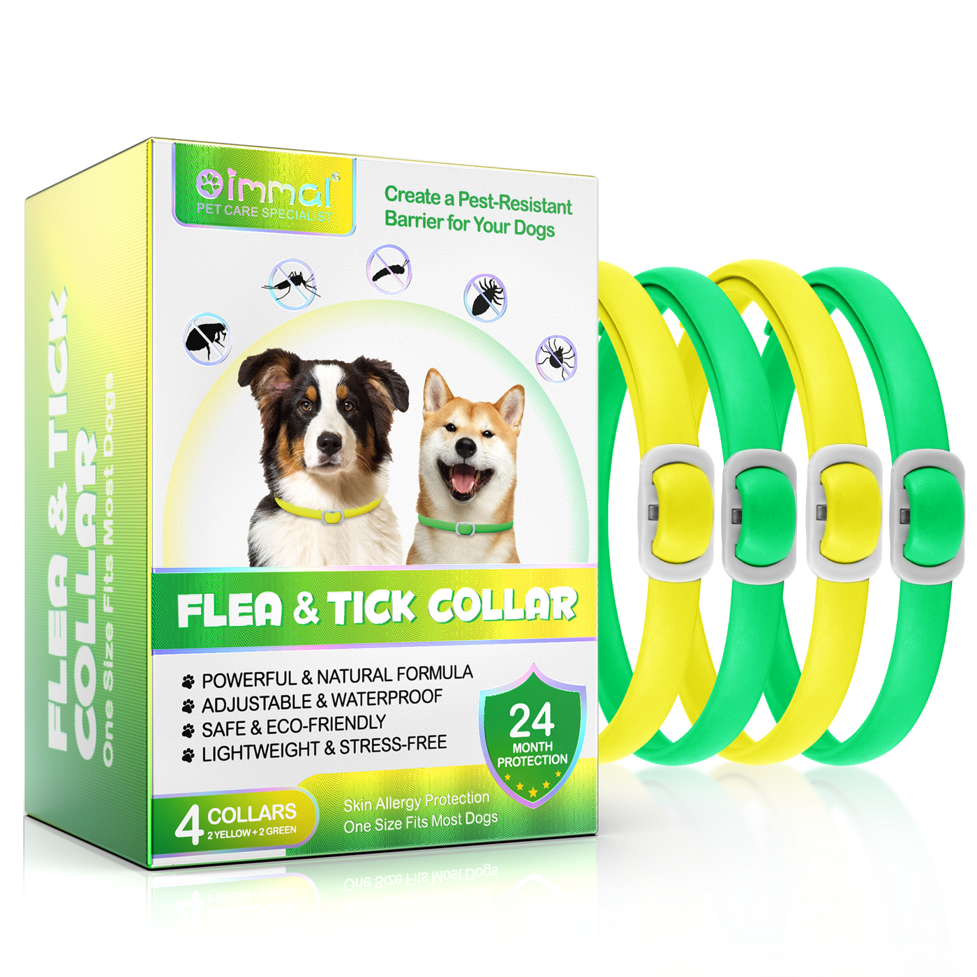 Oimmal Flea & Tick Collar for Dogs (4 Collars) - Green&Yellow