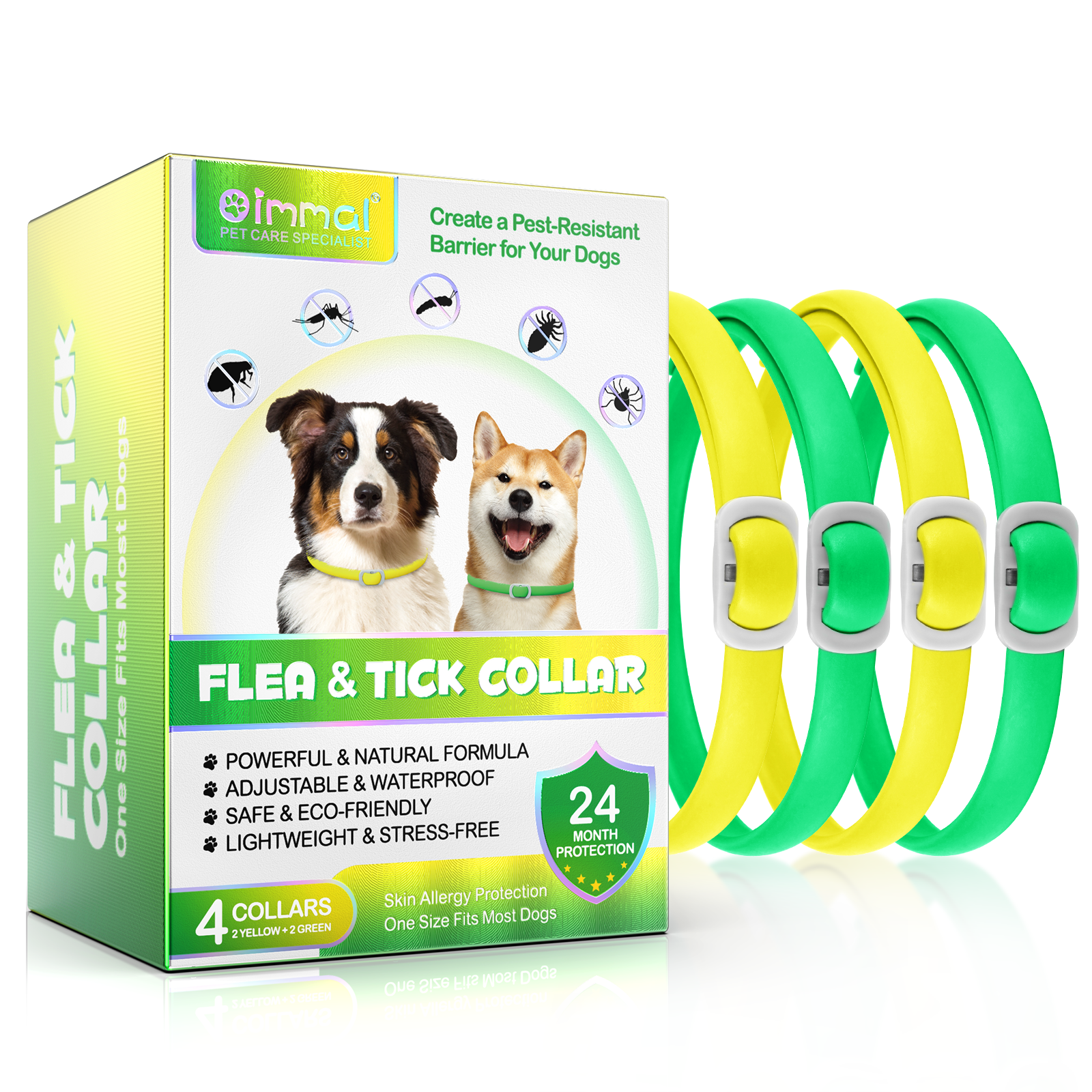 Oimmal Flea & Tick Collar for Dogs (4 Collars) - Green&Yellow