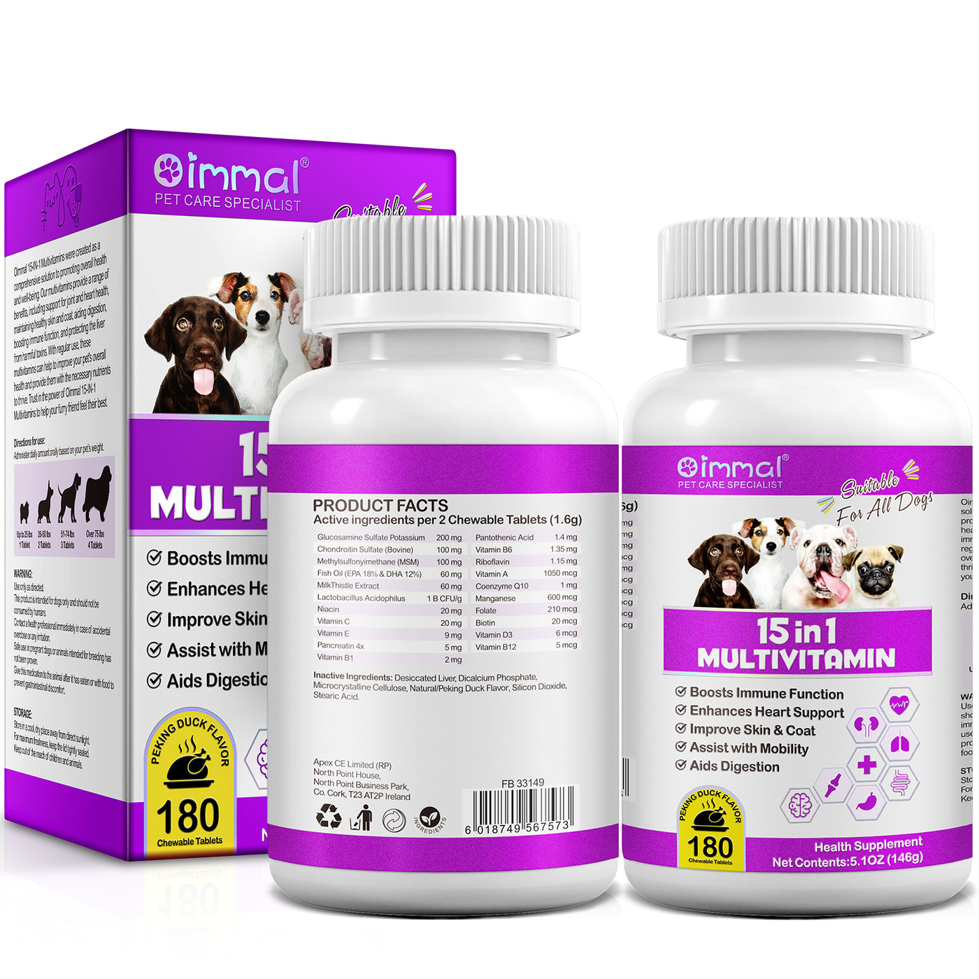 Oimmal 15-IN-1 Multivitamins Supplement for Dogs - 2 Packs